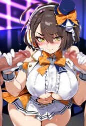 1girls 2boys ai_generated azur_lane baltimore_(azur_lane) baltimore_(muse)_(azur_lane) big_breasts breasts embarrassed female female_focus handjob huge_breasts idol large_breasts nervous short_hair thick_thighs thighs yellow_eyes