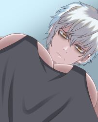 1boy 1male bara fate/grand_order fate_(series) kadoc_zemlupus looking_at_viewer low-angle_view pec_pov_meme pecs tagme white_hair