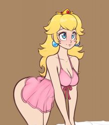 1girls big_ass big_breasts blonde blue_eyes blush chemise cleavage female female_only leaning_forward lingerie mario_(series) negligee nintendo princess_peach scorpdk simple_background solo underwear underwear_only