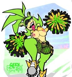 afrosoricid anthro big_breasts breasts cheerleader clothed clothing ear_piercing female fishnet_clothing fishnet_legwear glitchslime hi_res idw_publishing legwear mammal piercing raised_clothing raised_shirt raised_topwear sega sharp_teeth shirt solo sonic_(series) sonic_the_hedgehog_(comics) sonic_the_hedgehog_(idw) sonic_the_hedgehog_(series) surge_the_tenrec teeth tenrec thong tongue tongue_out topwear underwear upskirt