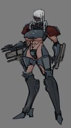 2d abs armor astralogy automaton_(helldivers) breasts dark-skinned_female dark_skin female female_focus female_only grey_background helldivers helldivers_2 large_breasts muscular muscular_female partially_clothed robot robot_girl robot_humanoid solo_female tan_body thick_thighs underboob weapon white_hair