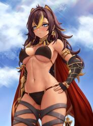 1girl 1girls armpit armpits armwear belly belly_button big_breasts bikini bikini_bottom bikini_top breasts cape dehya_(genshin_impact) ear_piercing emotionless emotionless_female feet_out_of_frame female female_only genshin_impact hair_ears hand_on_hip kinokokunart long_hair looking_at_viewer lowleg lowleg_bikini lowleg_panties messy_hair neckwear nipple_bulge nipples_bulge sky slim slim_waist tagme tagme_(artist) thigh_strap two-tone_hair two_tone_hair