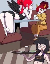 1girls 2femboys abby_angel_(marisfaraway) angel angel_wings black_wings darkeros13 embarrassed embarrassed_female femboy femboy_wings flirting glasses hair_bun hekapoo human lucy_(marisfaraway) red_hair restaurant short_shorts shortstack star_vs_the_forces_of_evil tank_top tray