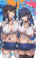 2girls abs black_hair blue_eyes blue_hair breasts crop_top female height_difference hololive hololive_english hololive_english_-advent- hololive_english_-council- hololive_english_-promise- honkivampy horns huge_breasts long_hair midriff naughty_face nerissa_ravencroft ouro_kronii panties red_eyes short_skirt skirt smile thick_thighs virtual_youtuber wide_hips