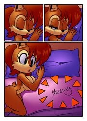 anthro archie_comics awake bed big_breasts breasts brown_body brown_fur chipmunk comic convenient_censorship covering covering_breasts female fur furniture ground_squirrel hair hi_res mammal rodent sally_acorn sciurid sleeping solo sonic_(series) sonic_the_hedgehog_(archie) sonic_the_hedgehog_(comics) sonic_the_hedgehog_(series) superbunnygt surprise