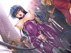 blush breasts buildings censored clitoris_piercing cum cum_in_pussy cum_on_clothes erect_nipples exhibitionism female game_cg igawa_asagi kagami_hirotaka large_breasts leash long_hair nipple_piercing open_mouth piercing public pussy sweat taimanin_(series) taimanin_asagi taimanin_asagi_zero tongue_piercing torn_clothes vaginal_penetration wet