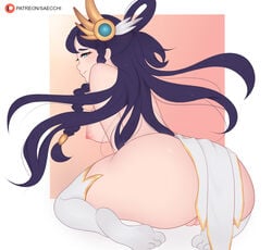 ass big_ass big_breasts black_hair blue_eyes blue_hair blush breasts divine_sword_irelia feet female immortal_journey_series irelia_xan league_of_legends long_hair pawg pussy saecchi thick_thighs thighhighs