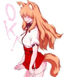 1futa 2d ;d animal_ears ass commentary_request cowboy_shot fate/grand_order fate_(series) fox_ears fox_tail from_side futa_only futanari hakama_skirt higata_akatsuki holding holding_penis intersex long_hair looking_at_viewer nimji one_eye_closed open_mouth orange_eyes orange_hair panties panty_pull penis penis_under_skirt pulled_by_self red_skirt scrunchie side_view simple_background skirt smile solo solo_futanari suzuka_gozen_(fate) tail third-party_edit uncensored underwear white_background wrist_scrunchie