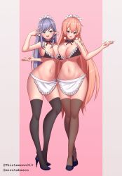 2girls belly_button big_breasts blue_eyes blue_hair blush buly_(furi) ear_piercings earrings elf heels huge_breasts light-skinned_female light_skin looking_at_viewer maid_apron maid_bikini mirolive orange_hair pink_eyes pointy_ears skimpy_clothes tabasuko_(virtual_youtuber) take_your_pick thirteen_(vtuber) v_sign virtual_youtuber