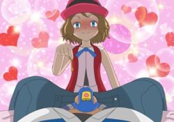 1boy blue_eyes blush brown_hair chastity chastity_cage chastity_key female femdom human human_only key keyholder malesub pokemon satoshi_(pokemon) serena_(pokemon) sweat