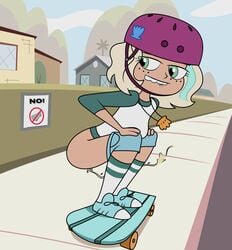 biting_lip blonde_hair female female_only freckles green_eyes helmet jackie_lynn_thomas long_socks looking_back necktie outdoors peeing piss pissing randomrandom shirt short_hair shorts_down sideways skateboard solo_focus squatting star_vs_the_forces_of_evil urine