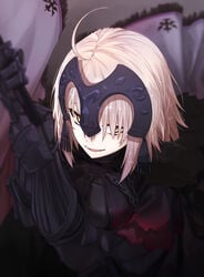 ahoge armor armored_dress arms_up bangs blurry breasts chains fate/grand_order fate_(series) female flag forehead_protector gauntlets hair_between_eyes holding holding_flag jeanne_alter jeanne_d'arc_(grimms_notes) logo looking_at_viewer m-ya mountain parted_lips red_sky short_hair silver_hair sky smile solo upper_body warrior