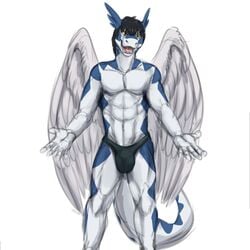 anthro bulge clei clothed clothing deessel dragon feathered_wings feathers looking_at_viewer male male_only penis_outline smile solo topless windragon wings