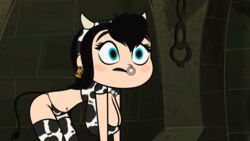 accurate_art_style alternate_breast_size alternate_costume black_hair black_lipstick blue_eyes blush breasts cleavage cow_girl edit female hotel_transylvania huge_breasts mavis_dracula navel screenshot screenshot_edit scrimmy vampire