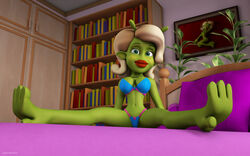 1girls 3d alien alien_girl alternate_version_available artist_name bare_shoulders barefoot beauty_mark bed big_breasts bikini bikini_bottom bikini_top book busty cleavage curvy day detailed_background eyelashes female female_only front_view green_eyes green_skin hourglass_figure humanoid indoors inside kondaspeter lipstick looking_at_viewer makeup marilyn_(planet_51) midriff mole pillow planet_51 pose posing red_lipstick room shadow shiny shiny_skin sitting solo spread_legs spreading swimsuit thick_lips thong tree voluptuous white_hair wide_hips