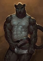 1boy abs anthro ball_bulge balls biceps black_spots blue_eyes body_fur briefs claws clothed clothing erection feline foreskin foreskin_folds gage_the_panther grey_fur hi_res humanoid_penis intact leaking looking_at_viewer male male_nipples male_only male_pubic_hair mammal muscles muscular_male nipple_bulge obliques panther pantherine partially_clothed partially_retracted_foreskin pecs penis penis_out pockyrumz precum precum_drip presenting shirt simple_background smile solo standing tail tank_top triceps uncut underwear vein veiny_penis whiskers white_underwear