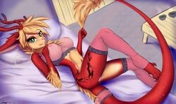 anthro bed beverage blonde_hair bra breasts clothing cute dragon eastern_dragon female hair horn jade_(disambiguation) legwear lingerie looking_at_viewer lying nipples panties pussy red_body smile solo son237_(artist) stockings tattoo tea translucent underwear whiskers