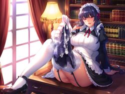 apron book cum headdress long_hair maid minamoto original panties pussy_juice stockings underwear