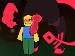 balls black_body black_fur blocky_body blue_clothing blue_shirt blue_topwear blurred_background blush bottomwear claws clothing forsaken_(roblox) fur genitals green_bottomwear green_clothing green_pants guest_666_(forsaken) hi_res hooves knot knotted_penis nonbinary_(lore) noob_(forsaken) pants penis red_claws red_tail roblox roblox_game robloxian shirt size_difference tail topwear yasterwolly yellow_body yellow_skin
