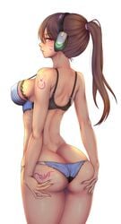 1girls ass blizzard_entertainment bra brown_hair d.va facial_markings female female_only from_behind grabbing_own_ass kazedesune large_breasts long_hair looking_at_another looking_at_viewer looking_back midriff nikuku_(kazedesune) overwatch panties pink_eyes ponytail solo tagme tattoos thighs underwear