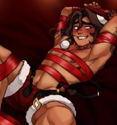 belt belt_buckle belt_unbuckled blush brown_hair cholvoq christmas christmas_hat christmas_outfit fit fit_body hair laying_down laying_on_back looking_away looking_away_from_viewer overwatch overwatch_2 sloan_cameron smile smiling tied tied_up unbuckled_belt venture video_game_character video_game_franchise video_games wrapped wrapped_up