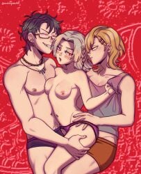 1boy 1nonbinary before_sex bisexual blush breast_press breasts breasts_out chest dry_humping evil_grin female glasses gnosia grinding grinding_through_clothes half-closed_eyes happy_trail hip_grab jewelry necklace nipples open_mouth panties piercing red_eyes sandwiched setsu_(gnosia) sha-ming thigh_grab threesome todosmelapelan underwear yuri_(gnosia)