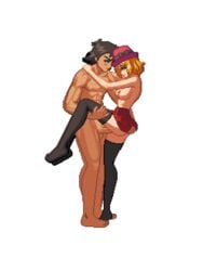 1boy 1girls amourshipping animated black_legwear hat human human_only nude_male pixel_art pokemon pomopix satoshi_(pokemon) serena_(pokemon) sex short_hair skirt standing_sex straight transparent_background yellow_hair