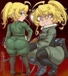 1girls ahoge ass ass_crack ass_focus big_ass bottom_heavy breasts bubble_butt clothed clothing female female_focus female_only gun hand_on_hip hi_res kae-est_art looking_back military_uniform petite_female shortstack skin_tight small_breasts smug smug_face solo solo_female tanya_degurechaff thick_thighs wide_hips youjo_senki