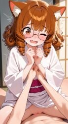 ai_assisted brown_eyes cat_ears catgirl covering_chest curly_hair glasses kimono neko one_eye_closed petite_female shy straddling straddling_cock tears_in_eyes