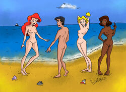 1boy 3girls ariel ass beach black_hair blonde_hair breasts brown_hair casual_nudity cloud dark-skinned_female dark_skin disney feet female gabriella_(the_little_mermaid) hermit_crab hips loigiu male multiple_females nipples nude nude_female nude_male ocean pearl_(the_little_mermaid) prince_eric pubic_hair public_nudity pussy red_hair seashell ship standing the_little_mermaid torso