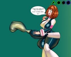 1futa ass balls_in_bodysuit big_ass big_breasts big_penis big_testicles blush bodysuit breasts brown_eyes brown_hair cleavage clothing cum cum_in_bodysuit cum_in_clothes cumshot dickgirl ejaculation erection erection_under_clothes excessive_cum female futa_only futanari green_background hand_on_penis huge_ass huge_breasts huge_cock huge_penis huge_testicles human hyper hyper_penis intersex kissofvenus looking_down my_hero_academia ochako_uraraka open_mouth penis penis_in_bodysuit penis_under_clothes short_hair skin_tight standing testicles text thick_thighs trembling watermark wide_hips