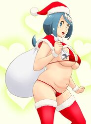 1girls alternate_breast_size alternate_outfit bag belly big_breasts bikini blue_eyes blue_hair breasts cape christmas christmas_outfit chubby cleavage creatures_(company) eye_contact female female_only female_pubic_hair freckles fur-trimmed_legwear fur_trim game_freak green_background hat heart heart_background hi_res highres holding huge_breasts human human_only lana's_mother_(pokemon) large_ass large_breasts larger_male long_hair looking_at_viewer mature_female midriff milf mob_face mother navel nintendo nipples nipples_visible_through_clothing open_mouth plump pokemon pokemon_(anime) pokemon_sm ponytail pubic_hair pubic_hair_peek red_bikini red_legwear red_thighhighs santa_hat sideboob smile solo solo_female solo_focus standing swimsuit thick_thighs thighhighs tof tongue underboob wide_hips