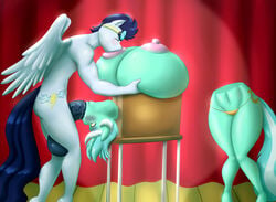 anthro areola balls big_breasts breasts bursting_breasts closed_eyes cutie_mark duo edit equine eyewear feathered_wings feathers female friendship_is_magic hair hi_res horn huge_breasts hyper hyper_breasts hyperstorm_h large_penis large_testicles lyra_heartstrings_(mlp) magic_box magic_trick male mammal marauder6272 modular multicolored_hair my_little_pony nipples oral pegasus penis puffy_nipples sex soarin_(mlp) spotlight straight throat_bulge two_tone_hair unicorn vein wings wonderbolts_(mlp)