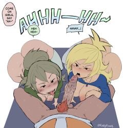 1boy 2girls adventure_time adventure_time:_fionna_&_cake angry_expression angry_fellatio big_ass big_breasts blonde_hair blowjob blush blush_lines breasts bush curvaceous curvy curvy_figure dialogue erect_nipples erect_penis fellatio female fennel_(fionna_and_cake) fennel_the_human_girl fionna_and_cake fionna_the_human_girl flame_prince green_hair huge_breasts large_ass large_breasts looking_at_viewer male necklace no_background onomatopoeia partially_clothed penis pov ruddyrzaq sloppy_blowjob sweating thick_thighs thighs watermark wide_hips