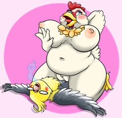 anthro avian beak belly big_belly big_breasts bird blush breast_grab breasts chicken cockatiel cockatoo cowgirl_position duo feathers female grandpaced hand_on_breast huge_breasts male navel nipples nude obese obese_female on_top open_mouth orgasm overweight overweight_female parrot pussy sex simple_background straight thick_thighs tongue wide_hips wings