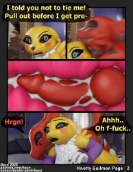2025 3d_(artwork) anthro bacn bandai_namco bed bedroom bedroom_sex blush bodily_fluids breasts canid canine claws comic cum cum_in_vagina cum_inside detailed_background dialogue digimon digimon_(species) digital_media_(artwork) duo ejaculation english_description english_text erection explicitly_stated_nonconsent eyebrows female female_penetrated fingers forced fox from_behind_position furniture genital_fluids genitals guilmon guilmon_(bacn) hi_res impregnation_risk inside internal internal_vaginal knot knotted_penis knotting male male/female male_penetrating male_penetrating_female mammal markings moan nude on_bed open_mouth orgasm penetration penile penile_penetration penis renamon renamon_(bacn) scalie sex smile speech_bubble tail teeth text vaginal_penetration white_body yellow_body
