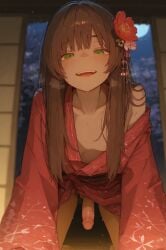 1boy ai_generated bending_over brown_hair femboy feminine_male flower flower_in_hair green_eyes hannai kimono kimono_lift looking_at_viewer male otoko_no_ko penis solo trap
