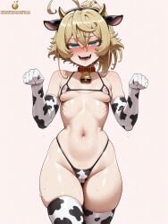 ai_generated areola areola_slip areolae_slip armwear bikini bikini_bottom bikini_top blonde_hair blue_eyes blush breasts cameltoe costume cow_ears cow_horns cow_print cow_print_bikini cowbell cowkini elbow_gloves erotic_costume fake_animal_ears fake_horns female half-dressed lidded_eyes looking_at_viewer micro_bikini nipple_bulge nipple_outline nipple_play nose_blush open_mouth pale-skinned_female pale_skin partially_clothed posing posing_for_the_viewer sexy_pose small_breasts solo solo_female solo_focus sweat sweating sweaty tagme tanya_degurechaff thigh_highs thighhighs twistedpeach youjo_senki