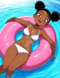 2025 ai_generated belly black_dot_eyes black_eyebrows black_hair_female brown_body brown_eyes_female brown_skin bumblebee_(dc) cartoon_network dark_red_lips dc deviantart deviantart_watermark elryusam female female_only human human_only looking_up_at_viewer lying_on_pool_toy no_wings pink_tube_top river smile_at_viewer smiling_at_viewer teen_titans tummy warner_bros._animation water_background watermark wet_body wet_face wet_head white_bikini