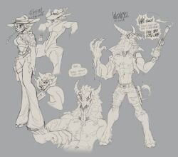 2025 abs american_mythology anthro asymmetrical_arms big_arms big_teeth biped blush bone bovid breasts bullet_belt bullet_wound caprine character_name chest_scar cigarette clothed clothing cloven_hooves collar cowboy cowboy_hat crotch_tuft duo female genitals greyscale gun handgun hat headgear headwear hi_res holding_gun holding_handgun holding_object holding_ranged_weapon holding_weapon hooves horn humanoid_genitalia humanoid_vulva indigenous_north_american_mythology inviting jacket long_tongue male male/female mammal medium_breasts model_sheet monochrome muscular muscular_male mythology navel north_american_mythology nude nude_female piercing proxicute ranged_weapon ruff scar sharp_teeth sheep simple_background skull skull_head slim_female small_hips small_waist smoke smoking smoking_cigarette spikes spikes_(anatomy) teeth text thick_thighs tongue tongue_piercing topless topless_male topwear tuft vulva weapon wendigo wheat_in_mouth