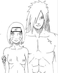 1boy age_difference artist_request black_and_white breasts facepaint female female male monochrome naked naruto naruto_shippuden nipples nohara_rin nude sketch uchiha_madara