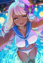 1girls :d ai_generated bangs bikini blonde_hair blush breasts circle_ueponzu cleavage collarbone crop_top curly_hair dark_skin drill_hair eyebrows_visible_through_hair female female_only game_freak hair_ornament hat jacinthe_(pokemon) large_breasts long_hair looking_at_viewer navel night nintendo open_mouth outdoors outstretched_arms pink_hair pokemon pokemon_legends:_z-a pool pubic_hair purple_eyes ringlets sailor_bikini sailor_collar see-through self_shot shirt side-tie_bikini smile solo standing stomach swept_bangs swimsuit twin_drills very_long_hair wading water wet white_bikini yukari_(pokemon)