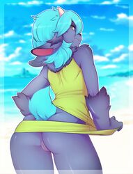 aevoa anthro ass beach bottomless caprine cyan_hair female female_only fur furry furry_only goat hi_res horn looking_at_viewer looking_back mammal partially_clothed pussy seaside sheep smile solo suelix tail topwear