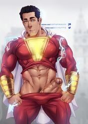 1boy abs actor balls_outline bara big_penis billy_batson black_hair bracers brown_eyes cape celebrity dc dc_comics erection huge_cock in_character lollipop male male_only muscles muscular muscular_male pants_pulled_down partially_retracted_foreskin pecs penis penis_out shazam shazam!_(2019) shazam_(series) shirt_up solo solo_focus soynutts spandex superhero thick_thighs tight_clothing vein veiny_penis zachary_levi