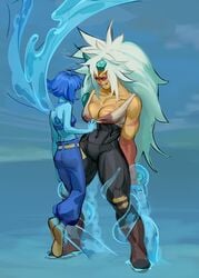 2girls abs blue_hair cleavage clothes_pull femdom femsub full_body groping jasper_(steven_universe) lapis_lazuli_(steven_universe) long_hair medium_breasts morkovkasvekla muscular_female muscular_sub pulling restrained short_hair size_difference sketch skin_tight small_dom_big_sub standing steven_universe teasing tied_up yuri