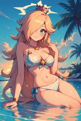2025 ai_generated azuredrops-ai belly black_dot_eyes blonde-haired_female blonde_female blue_eyes_female blushing_at_viewer brown_eyebrows deviantart female female_only golden_bracelet hand_on_hair hand_on_water long_hair_female looking_at_viewer mario_(series) nintendo orange_blush pool_background princess_rosalina shy_at_viewer silver_crown sitting_on_water smile_at_viewer smiling_at_viewer star_collar star_earrings super_smash_bros. tummy wet_body wet_face wet_head white_bikini