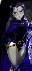 1girls 8log4icy black_leotard breasts cape colored_skin dc dc_comics female female_only forehead_jewel grey_skin hand_on_own_hip leotard looking_at_viewer purple_cape purple_eyes purple_hair raven_(dc) shiny_skin short_hair sleeved_leotard solo standing tagme teen_titans thick_thighs thighs