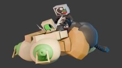 1boy 1girls 2020s 2025 3d 3d_model ass badware_(die_of_death) big_ass big_breasts blocky_body blueruchka breasts construct die_of_death_(roblox) female femboy femboy_on_female green_eye green_eyes grey_background harken_(die_of_death) hips huge_breasts huge_thighs hung_trap hyper_ass hyper_breasts male metal_skin model penis roblox roblox_game robot robot_penis screen_face square_head tagme tv_head