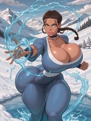 action_pose ai_generated avatar_legends avatar_the_last_airbender blind blue_eyes braided_ponytail breasts cleavage dark-skinned_female dark_skin earthbending female female_focus female_only huge_breasts katara large_breasts mantis_man motion_lines nickelodeon nicktoons outdoors plump_lips serious serious_face serious_look solo solo_female solo_focus water waterbending