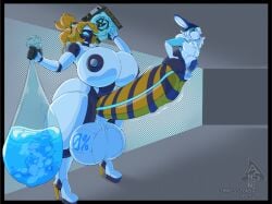 android anthro big_penis blu_(bludoe) blue_cum bre-3 clothing cock_vore condom duo filled_condom footwear futanari genitals high_heels huge_cock humanoid hyper hyper_balls hyper_breasts hyper_condom hyper_penis hyper_thighs intersex intersex/male lagomorph machine male mammal penile penis robot sexual_barrier_device shoes size_difference unusual_cum vore